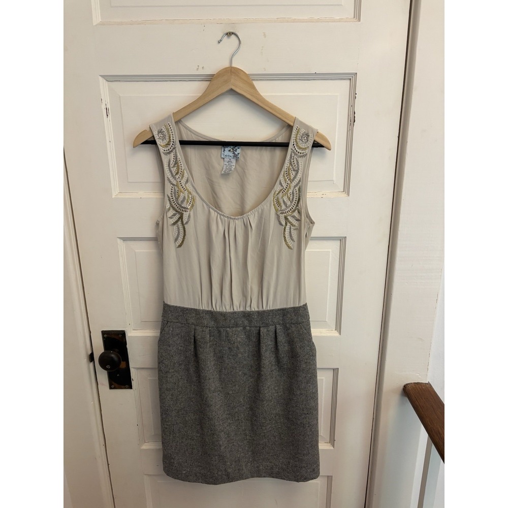 Anthropologie Tabitha Beige‎ Beaded Silk Top Brown Tweed Bottom Dress Size 10